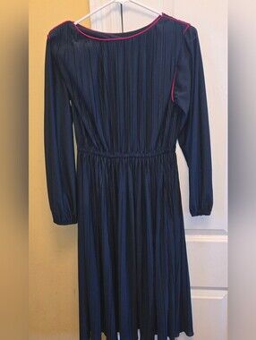 Hal Ferman Vintage 70's Women’s Navy Midi Dress with Pink Trim Semi-sheer Skirt